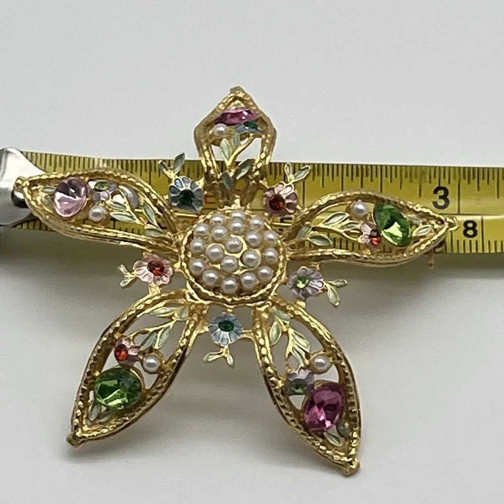 Vintage Rhinestone Pearl Brooch Signed Tiara Misu IV Pastel‎ Flower Gold Toned